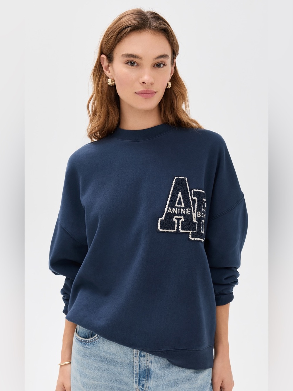 Anine Bing Miles Oversized Letterman Sweatshirt in Washed Navy